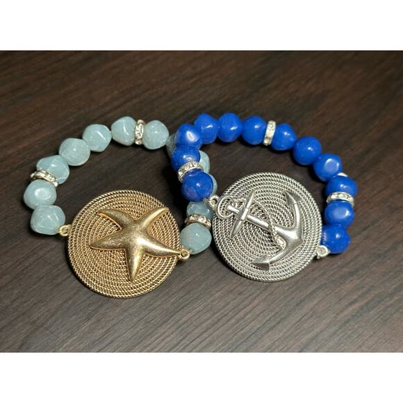 Pair of Coastal Beaded Bracelets Banded Anchor Starfish Fashion Jewelry - Picture 11 of 11